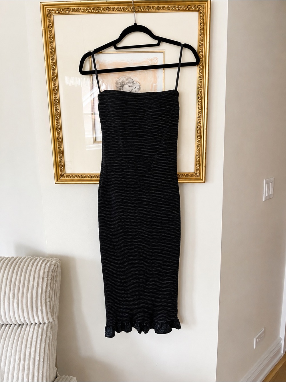 LEXI Black Faux Leather Strapless Midi Dress with Ruffle Hem
